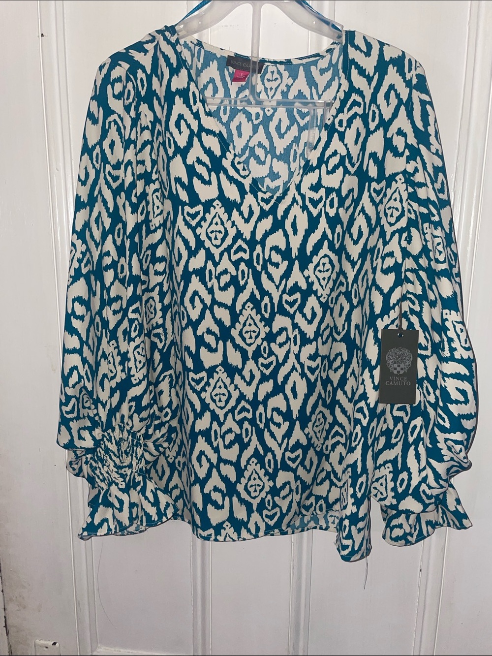 Vince Camuto Teal & White Ikat V-Neck Blouse